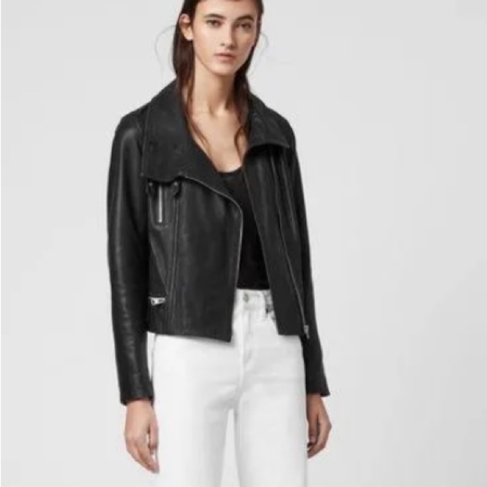 All Saints Bales Funnel Neck Leather Biker Jacket size Small pristine condition